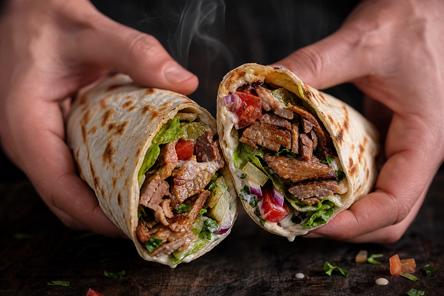 Lavas flatbread rolled around grilled meat and salad