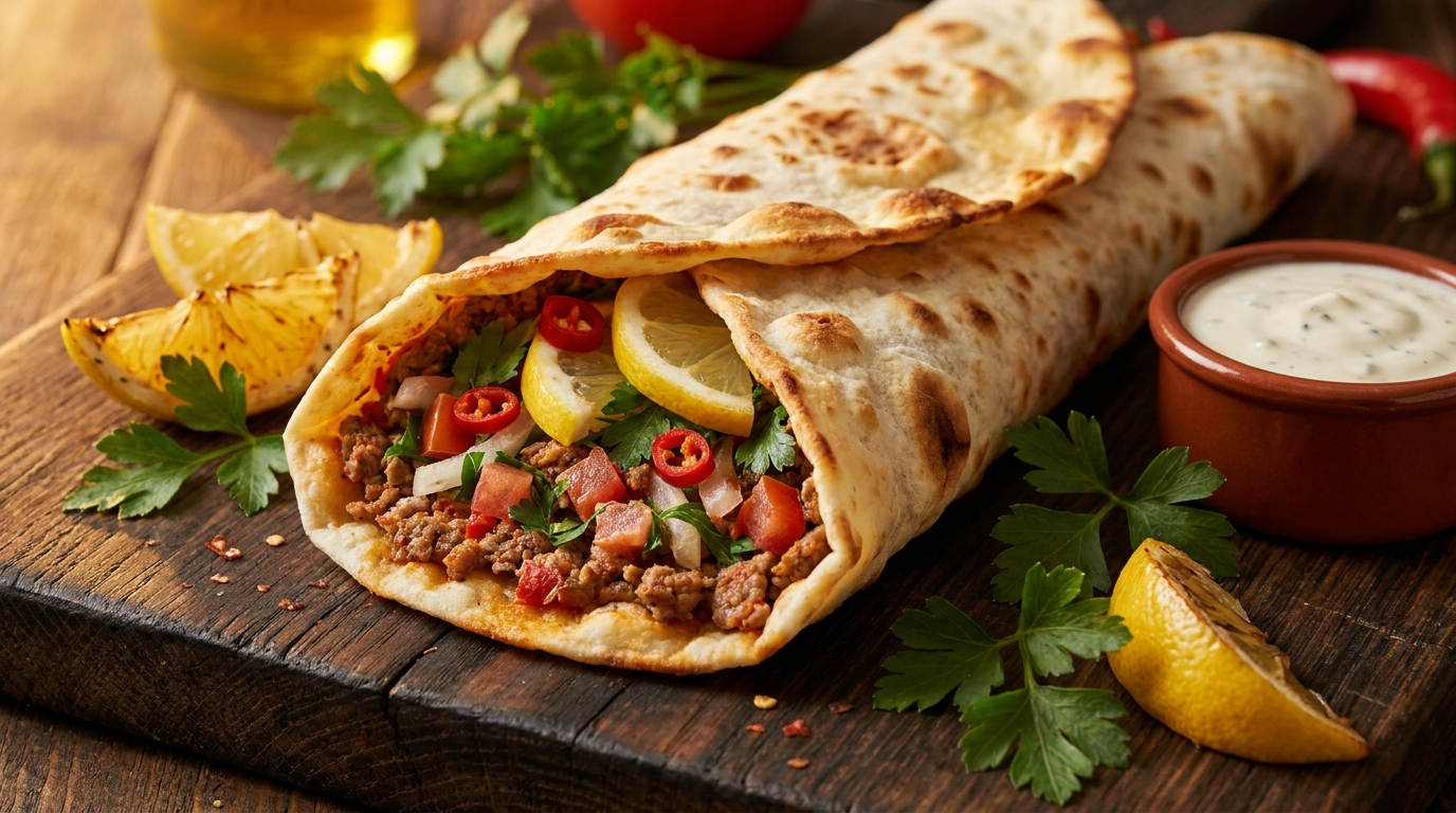 Lahmajoun with parsley, lemon and sauce